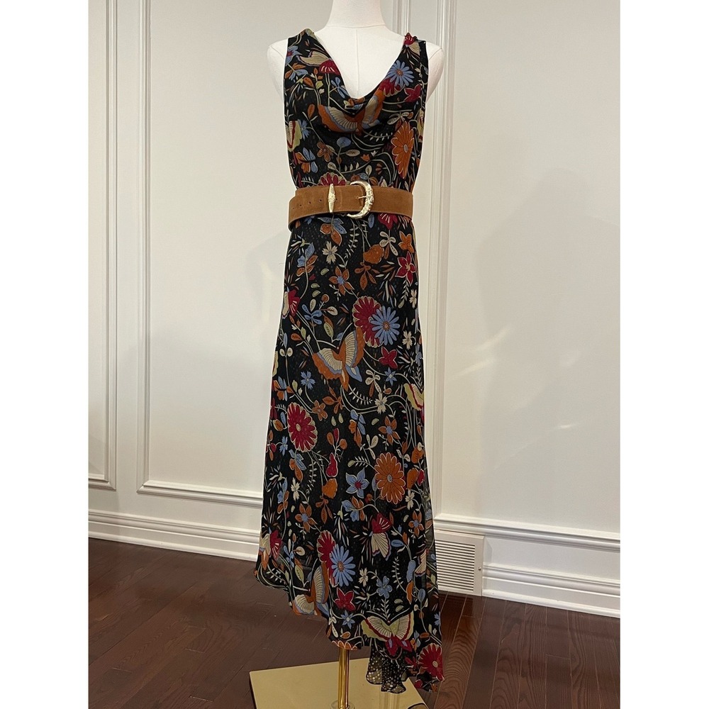 Vintage Reversible Bias Cut Chiffon Cowl Neck Midi Dress Black Floral Dot M